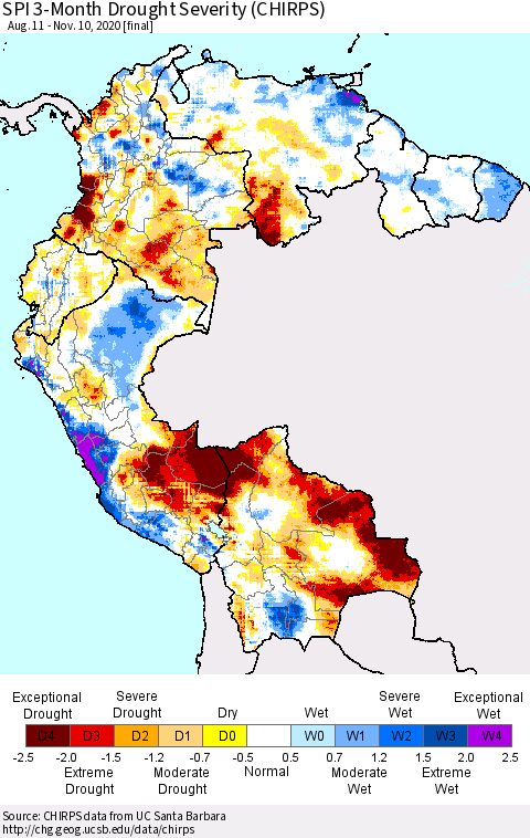 Northern South America SPI 3-Month Drought Severity (CHIRPS) Thematic Map For 8/11/2020 - 11/10/2020