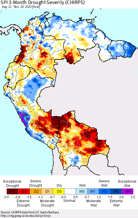 Northern South America SPI 3-Month Drought Severity (CHIRPS) Thematic Map For 8/21/2020 - 11/20/2020