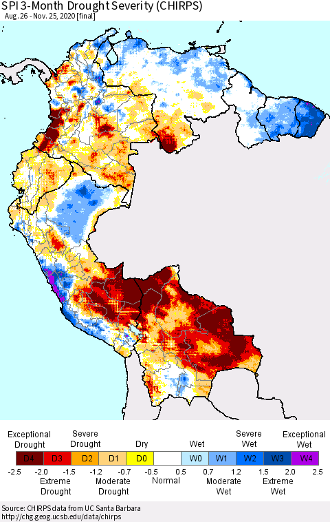 Northern South America SPI 3-Month Drought Severity (CHIRPS) Thematic Map For 8/26/2020 - 11/25/2020