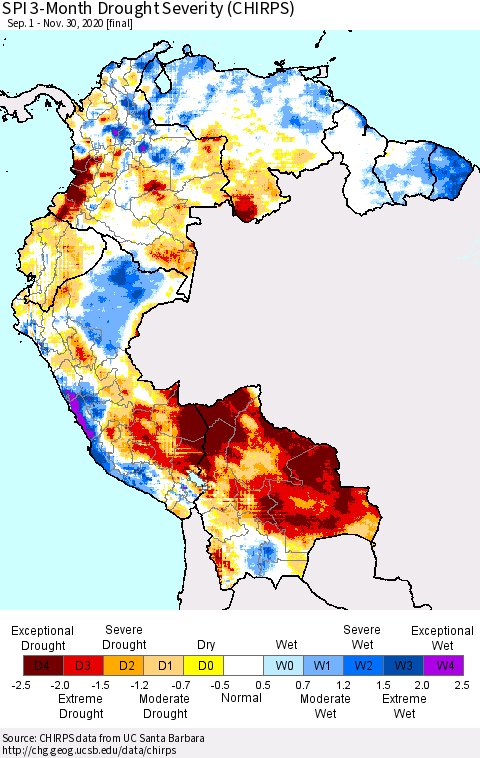 Northern South America SPI 3-Month Drought Severity (CHIRPS) Thematic Map For 9/1/2020 - 11/30/2020