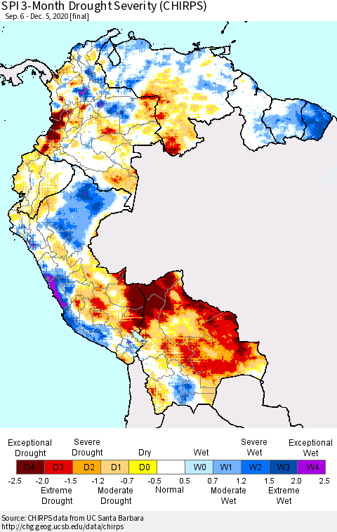 Northern South America SPI 3-Month Drought Severity (CHIRPS) Thematic Map For 9/6/2020 - 12/5/2020