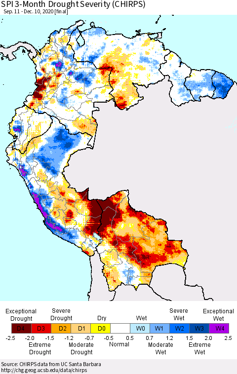 Northern South America SPI 3-Month Drought Severity (CHIRPS) Thematic Map For 9/11/2020 - 12/10/2020