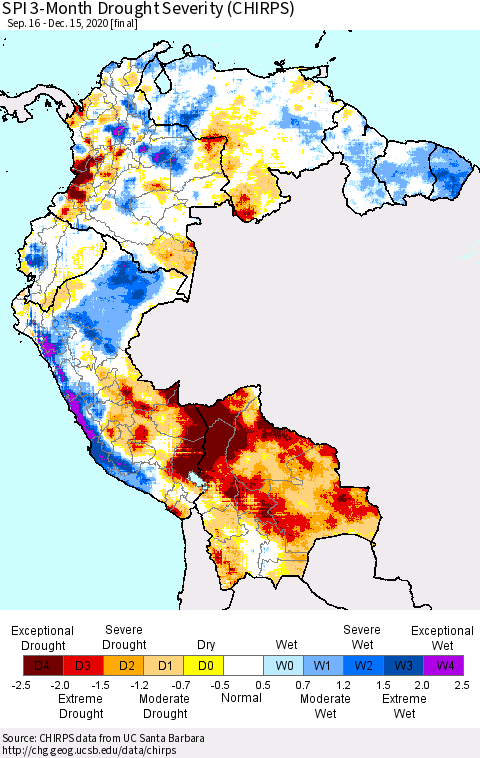 Northern South America SPI 3-Month Drought Severity (CHIRPS) Thematic Map For 9/16/2020 - 12/15/2020