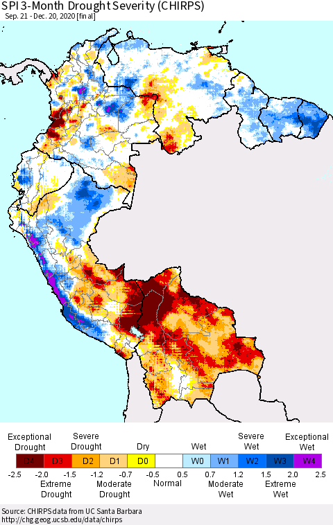 Northern South America SPI 3-Month Drought Severity (CHIRPS) Thematic Map For 9/21/2020 - 12/20/2020