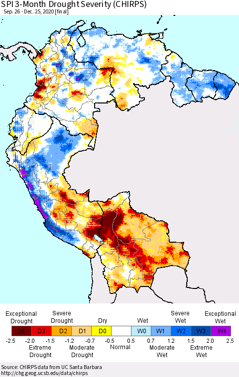 Northern South America SPI 3-Month Drought Severity (CHIRPS) Thematic Map For 9/26/2020 - 12/25/2020