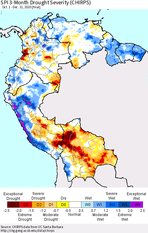 Northern South America SPI 3-Month Drought Severity (CHIRPS) Thematic Map For 10/1/2020 - 12/31/2020