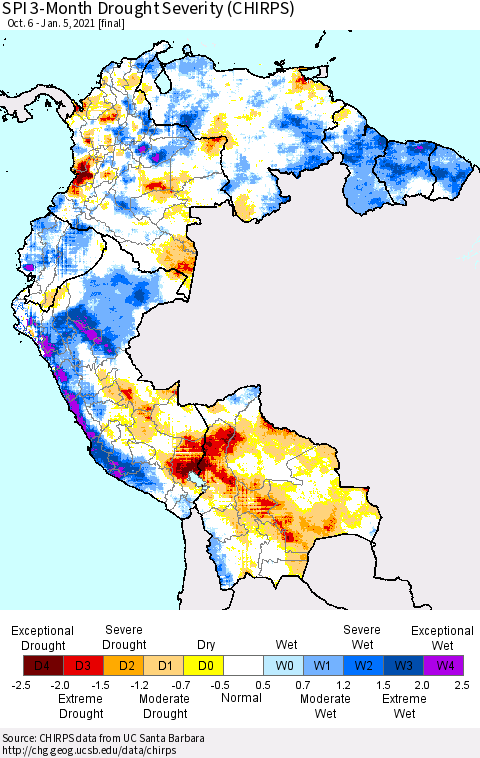 Northern South America SPI 3-Month Drought Severity (CHIRPS) Thematic Map For 10/6/2020 - 1/5/2021