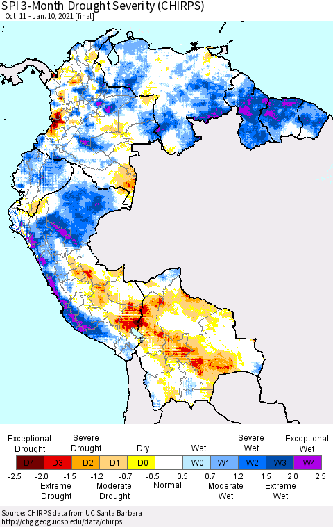Northern South America SPI 3-Month Drought Severity (CHIRPS) Thematic Map For 10/11/2020 - 1/10/2021
