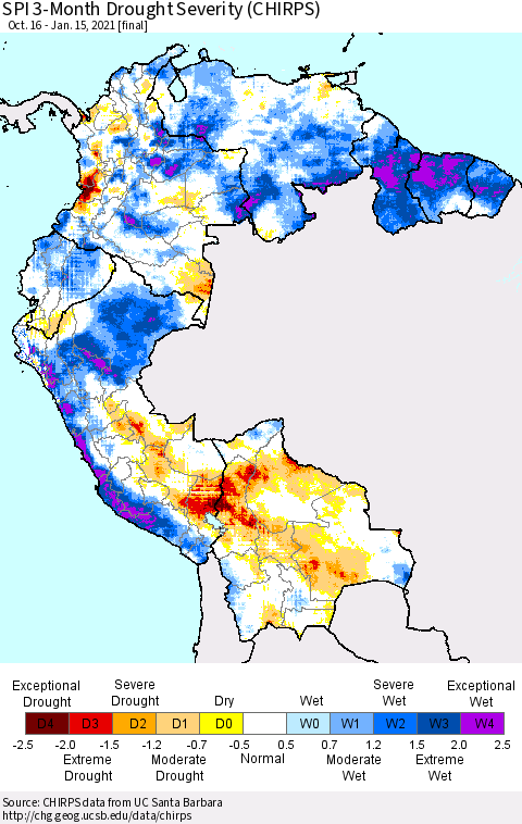 Northern South America SPI 3-Month Drought Severity (CHIRPS) Thematic Map For 10/16/2020 - 1/15/2021