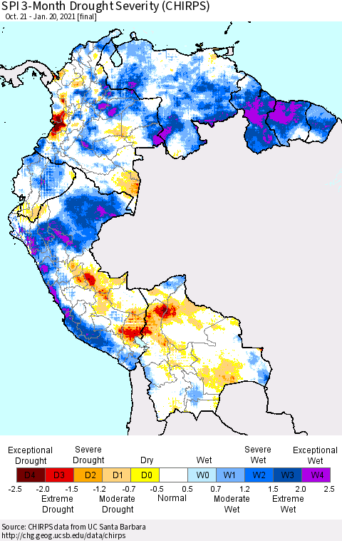 Northern South America SPI 3-Month Drought Severity (CHIRPS) Thematic Map For 10/21/2020 - 1/20/2021