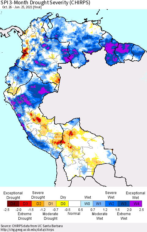 Northern South America SPI 3-Month Drought Severity (CHIRPS) Thematic Map For 10/26/2020 - 1/25/2021