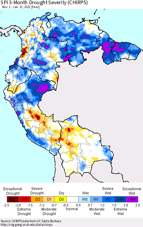 Northern South America SPI 3-Month Drought Severity (CHIRPS) Thematic Map For 11/1/2020 - 1/31/2021
