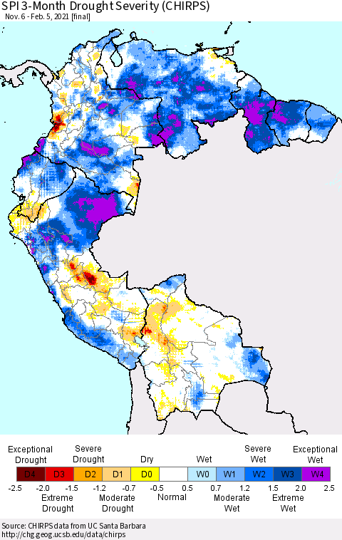 Northern South America SPI 3-Month Drought Severity (CHIRPS) Thematic Map For 11/6/2020 - 2/5/2021