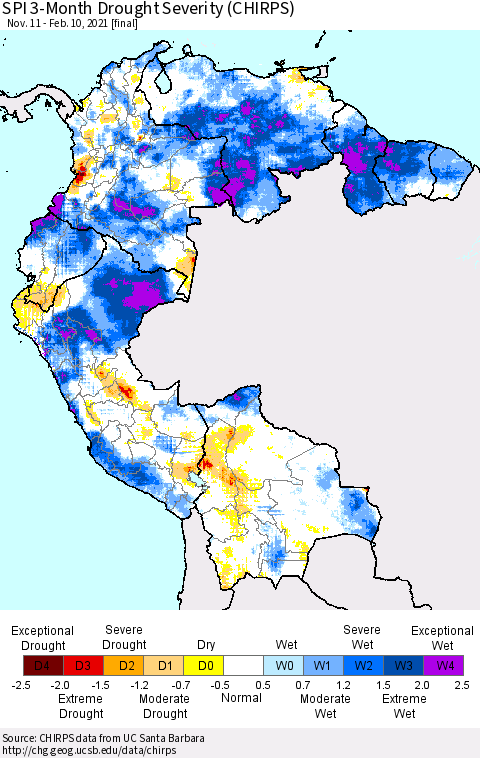 Northern South America SPI 3-Month Drought Severity (CHIRPS) Thematic Map For 11/11/2020 - 2/10/2021