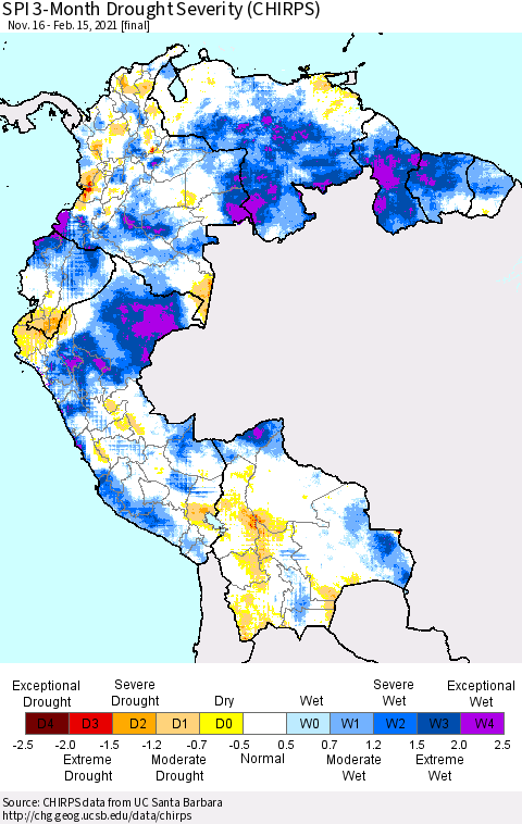 Northern South America SPI 3-Month Drought Severity (CHIRPS) Thematic Map For 11/16/2020 - 2/15/2021