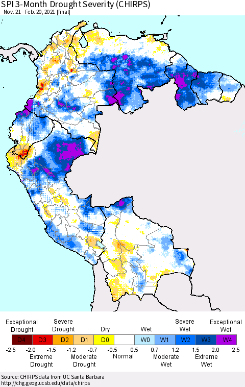 Northern South America SPI 3-Month Drought Severity (CHIRPS) Thematic Map For 11/21/2020 - 2/20/2021