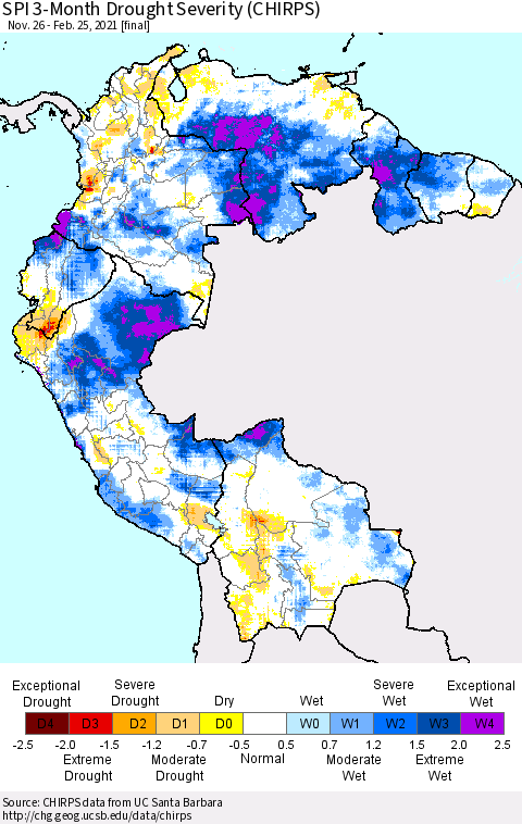 Northern South America SPI 3-Month Drought Severity (CHIRPS) Thematic Map For 11/26/2020 - 2/25/2021