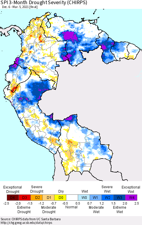 Northern South America SPI 3-Month Drought Severity (CHIRPS) Thematic Map For 12/6/2020 - 3/5/2021