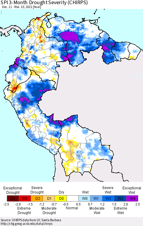 Northern South America SPI 3-Month Drought Severity (CHIRPS) Thematic Map For 12/11/2020 - 3/10/2021