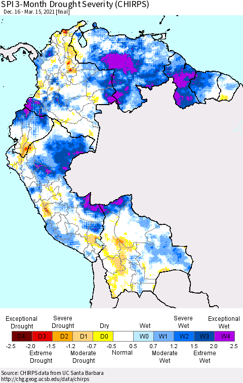 Northern South America SPI 3-Month Drought Severity (CHIRPS) Thematic Map For 12/16/2020 - 3/15/2021