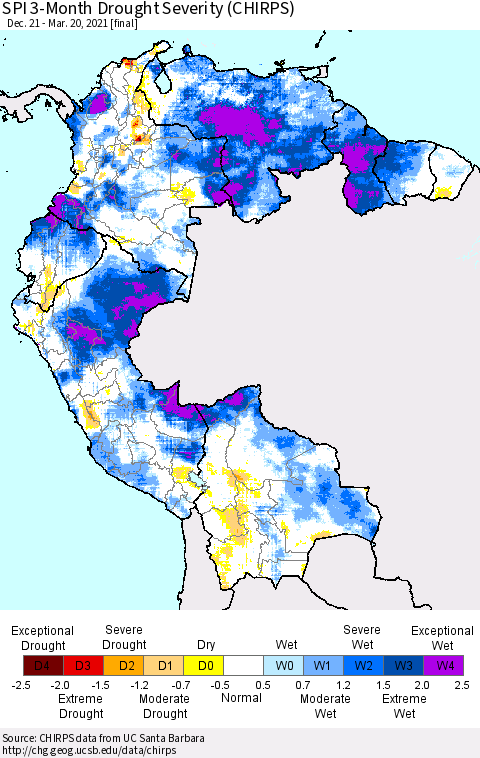 Northern South America SPI 3-Month Drought Severity (CHIRPS) Thematic Map For 12/21/2020 - 3/20/2021