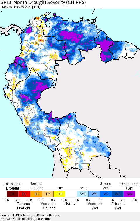 Northern South America SPI 3-Month Drought Severity (CHIRPS) Thematic Map For 12/26/2020 - 3/25/2021