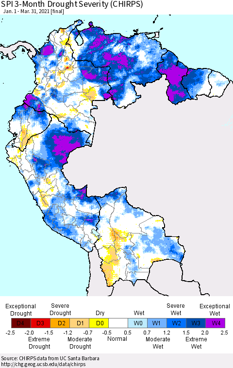 Northern South America SPI 3-Month Drought Severity (CHIRPS) Thematic Map For 1/1/2021 - 3/31/2021