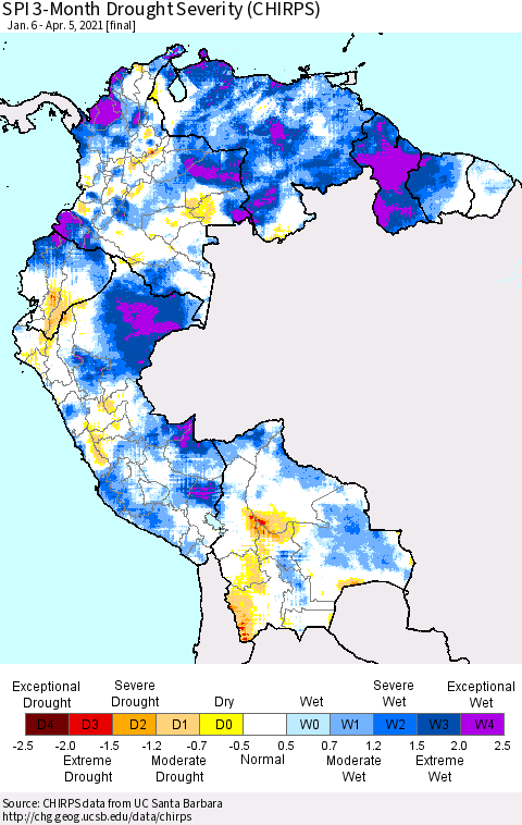 Northern South America SPI 3-Month Drought Severity (CHIRPS) Thematic Map For 1/6/2021 - 4/5/2021