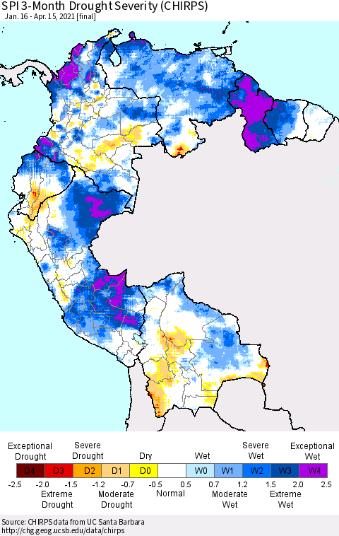 Northern South America SPI 3-Month Drought Severity (CHIRPS) Thematic Map For 1/16/2021 - 4/15/2021