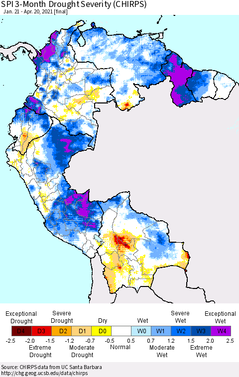 Northern South America SPI 3-Month Drought Severity (CHIRPS) Thematic Map For 1/21/2021 - 4/20/2021