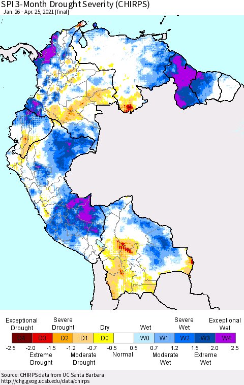 Northern South America SPI 3-Month Drought Severity (CHIRPS) Thematic Map For 1/26/2021 - 4/25/2021