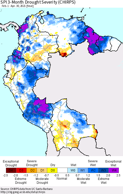 Northern South America SPI 3-Month Drought Severity (CHIRPS) Thematic Map For 2/1/2021 - 4/30/2021