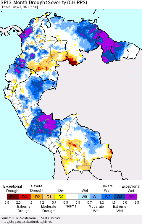 Northern South America SPI 3-Month Drought Severity (CHIRPS) Thematic Map For 2/6/2021 - 5/5/2021