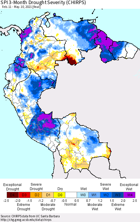 Northern South America SPI 3-Month Drought Severity (CHIRPS) Thematic Map For 2/11/2021 - 5/10/2021
