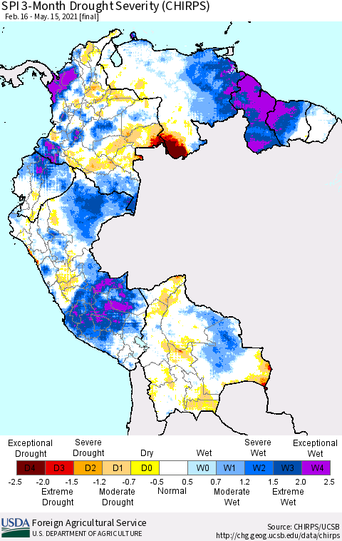 Northern South America SPI 3-Month Drought Severity (CHIRPS) Thematic Map For 2/16/2021 - 5/15/2021