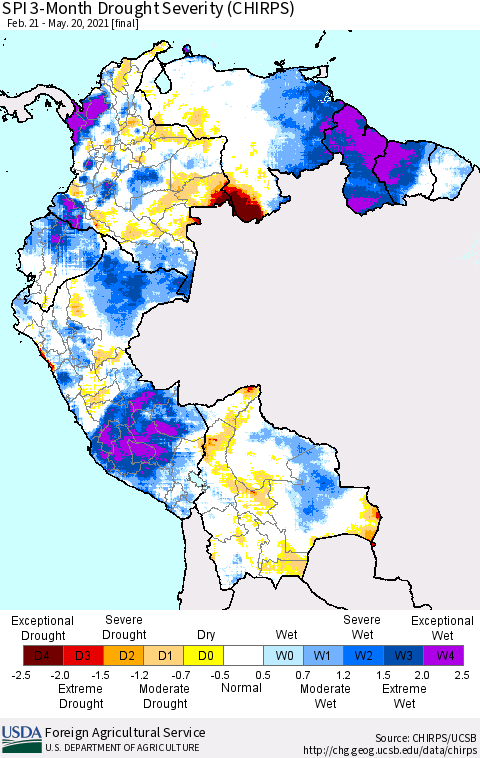 Northern South America SPI 3-Month Drought Severity (CHIRPS) Thematic Map For 2/21/2021 - 5/20/2021