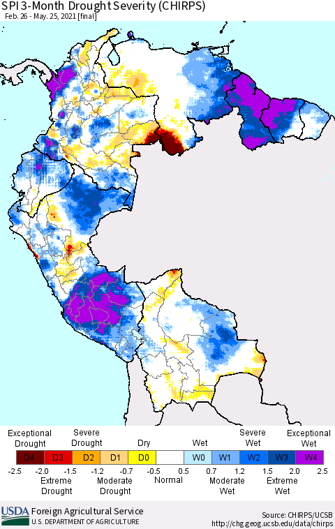 Northern South America SPI 3-Month Drought Severity (CHIRPS) Thematic Map For 2/26/2021 - 5/25/2021
