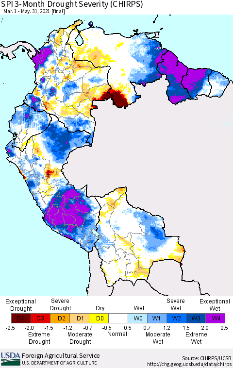 Northern South America SPI 3-Month Drought Severity (CHIRPS) Thematic Map For 3/1/2021 - 5/31/2021