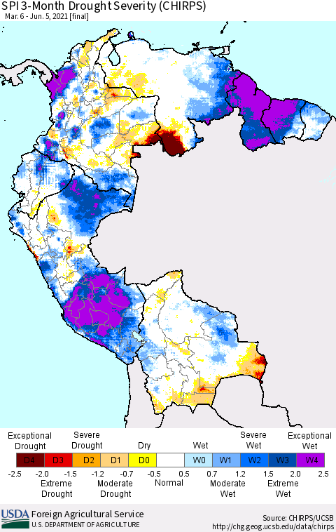 Northern South America SPI 3-Month Drought Severity (CHIRPS) Thematic Map For 3/6/2021 - 6/5/2021