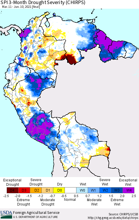 Northern South America SPI 3-Month Drought Severity (CHIRPS) Thematic Map For 3/11/2021 - 6/10/2021