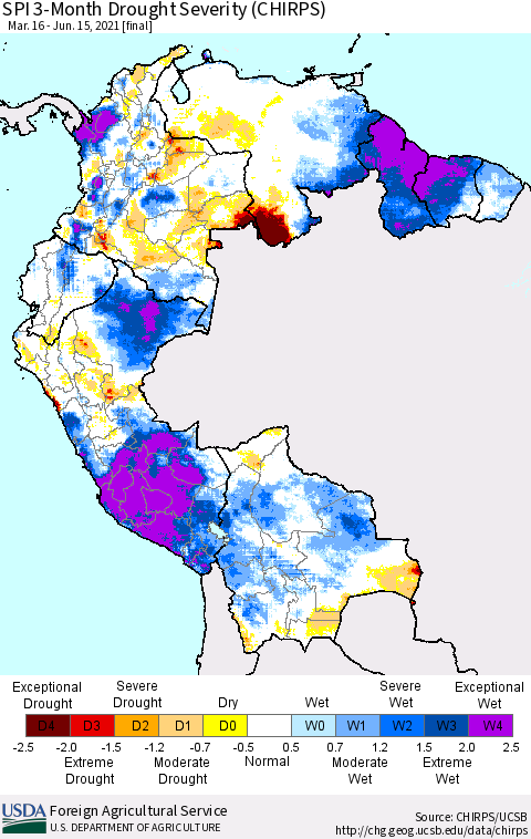 Northern South America SPI 3-Month Drought Severity (CHIRPS) Thematic Map For 3/16/2021 - 6/15/2021