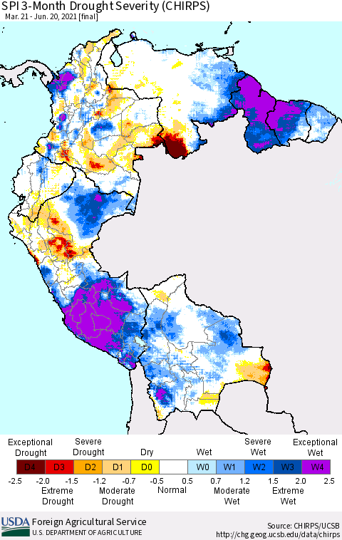 Northern South America SPI 3-Month Drought Severity (CHIRPS) Thematic Map For 3/21/2021 - 6/20/2021