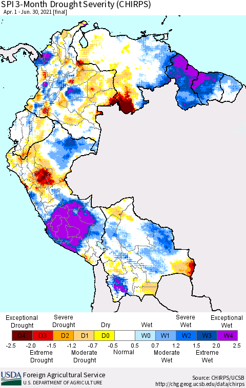 Northern South America SPI 3-Month Drought Severity (CHIRPS) Thematic Map For 4/1/2021 - 6/30/2021