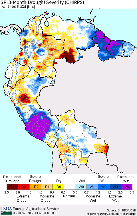 Northern South America SPI 3-Month Drought Severity (CHIRPS) Thematic Map For 4/6/2021 - 7/5/2021