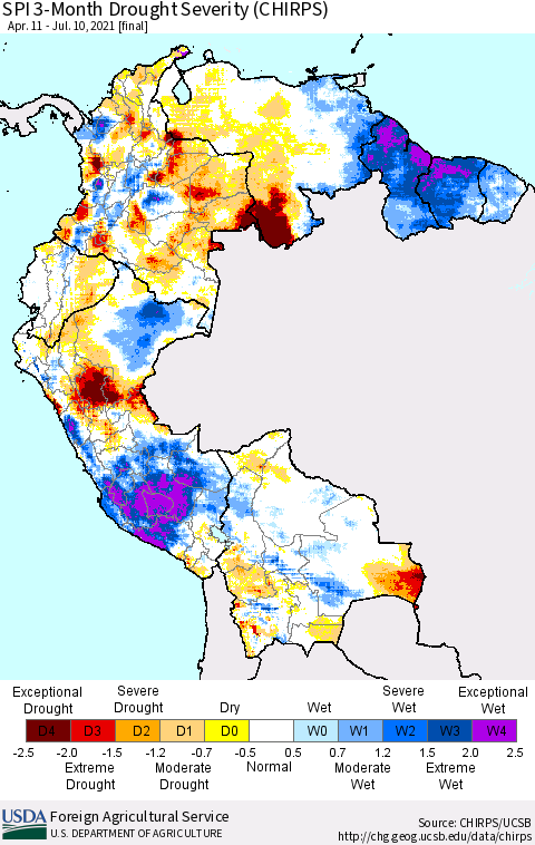 Northern South America SPI 3-Month Drought Severity (CHIRPS) Thematic Map For 4/11/2021 - 7/10/2021