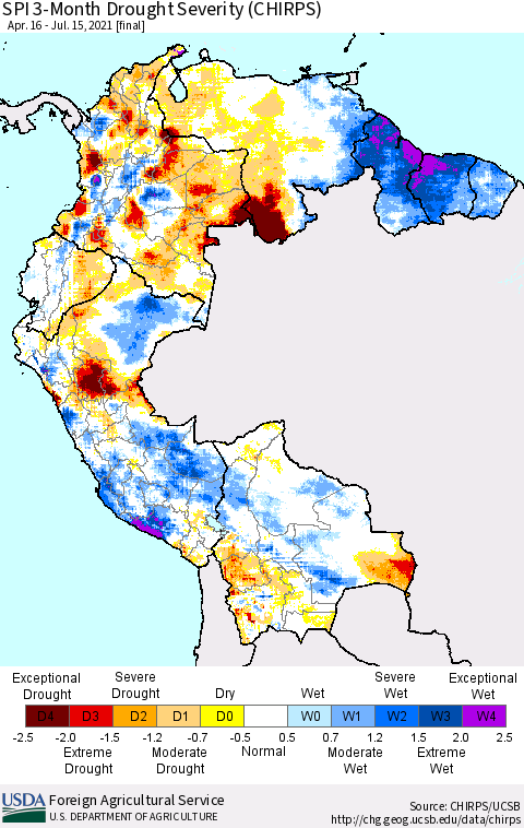 Northern South America SPI 3-Month Drought Severity (CHIRPS) Thematic Map For 4/16/2021 - 7/15/2021