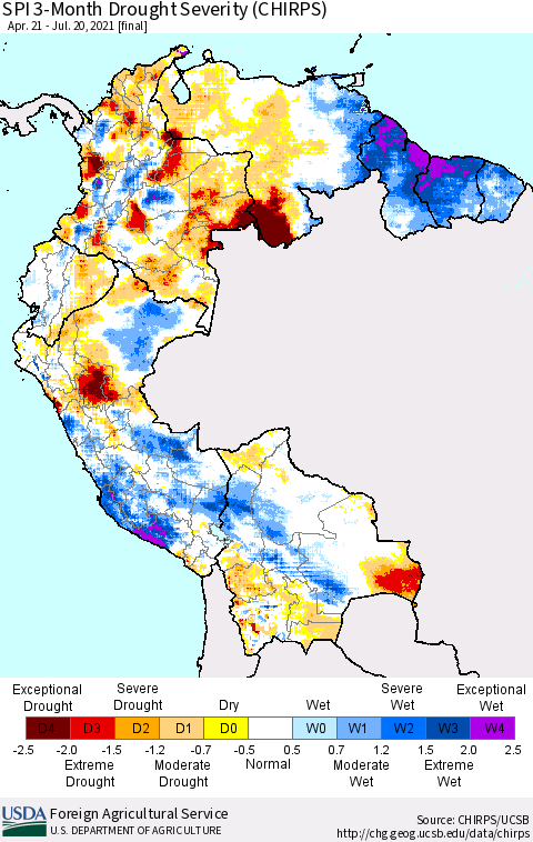Northern South America SPI 3-Month Drought Severity (CHIRPS) Thematic Map For 4/21/2021 - 7/20/2021