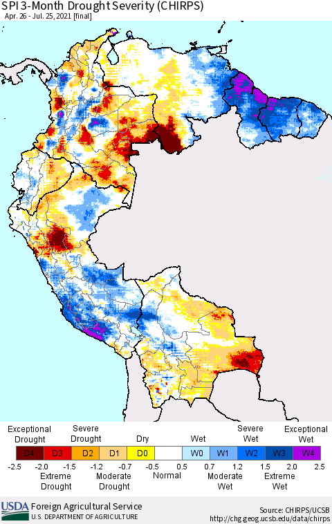 Northern South America SPI 3-Month Drought Severity (CHIRPS) Thematic Map For 4/26/2021 - 7/25/2021