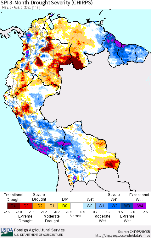 Northern South America SPI 3-Month Drought Severity (CHIRPS) Thematic Map For 5/6/2021 - 8/5/2021