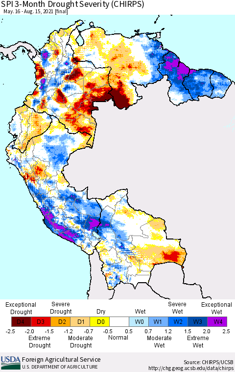 Northern South America SPI 3-Month Drought Severity (CHIRPS) Thematic Map For 5/16/2021 - 8/15/2021